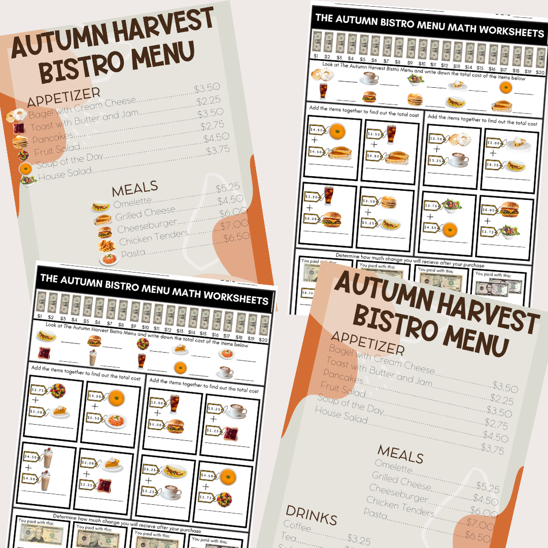 Autumn Money Addition Food Menu Math Special Education Worksheets NO PREP