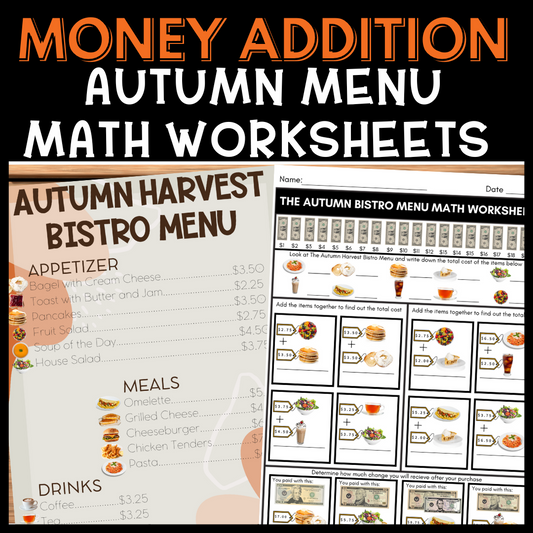 Autumn Money Addition Food Menu Math Special Education Worksheets NO PREP