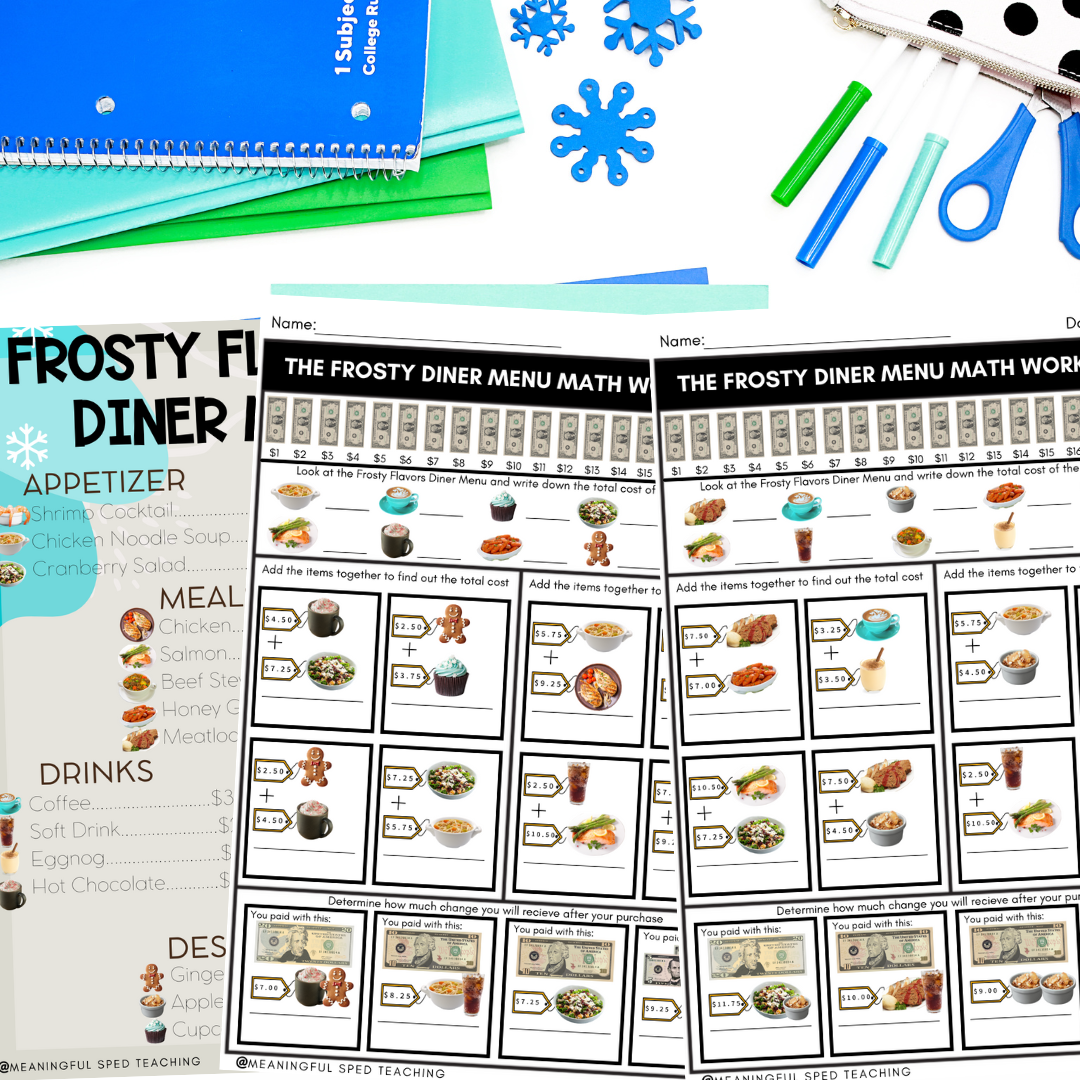 Winter Money Addition Food Menu Math Special Education Worksheets NO PREP