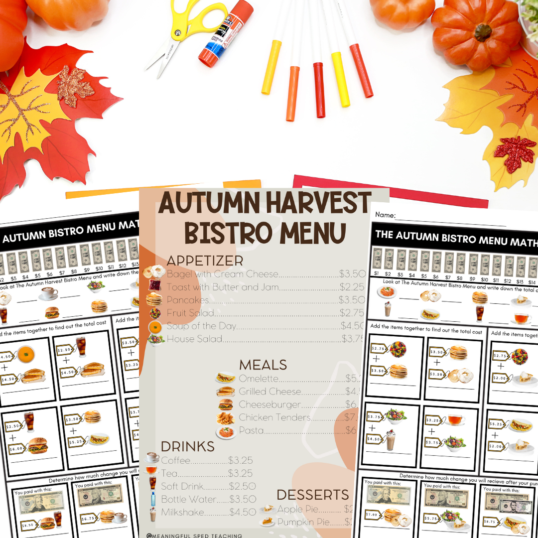 Autumn Money Addition Food Menu Math Special Education Worksheets NO PREP