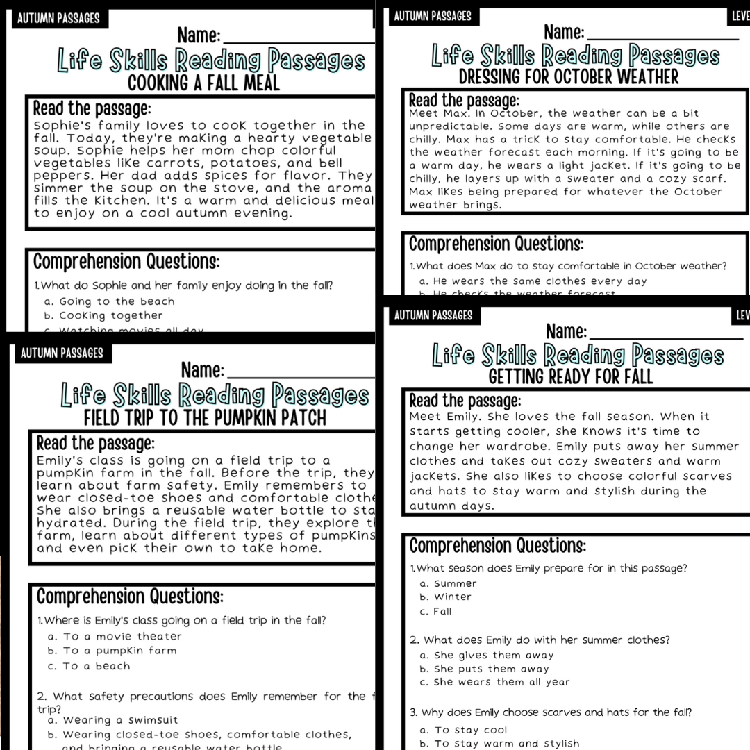 Autumn/Fall Life Skills Reading Passages with Comprehension NO PREP