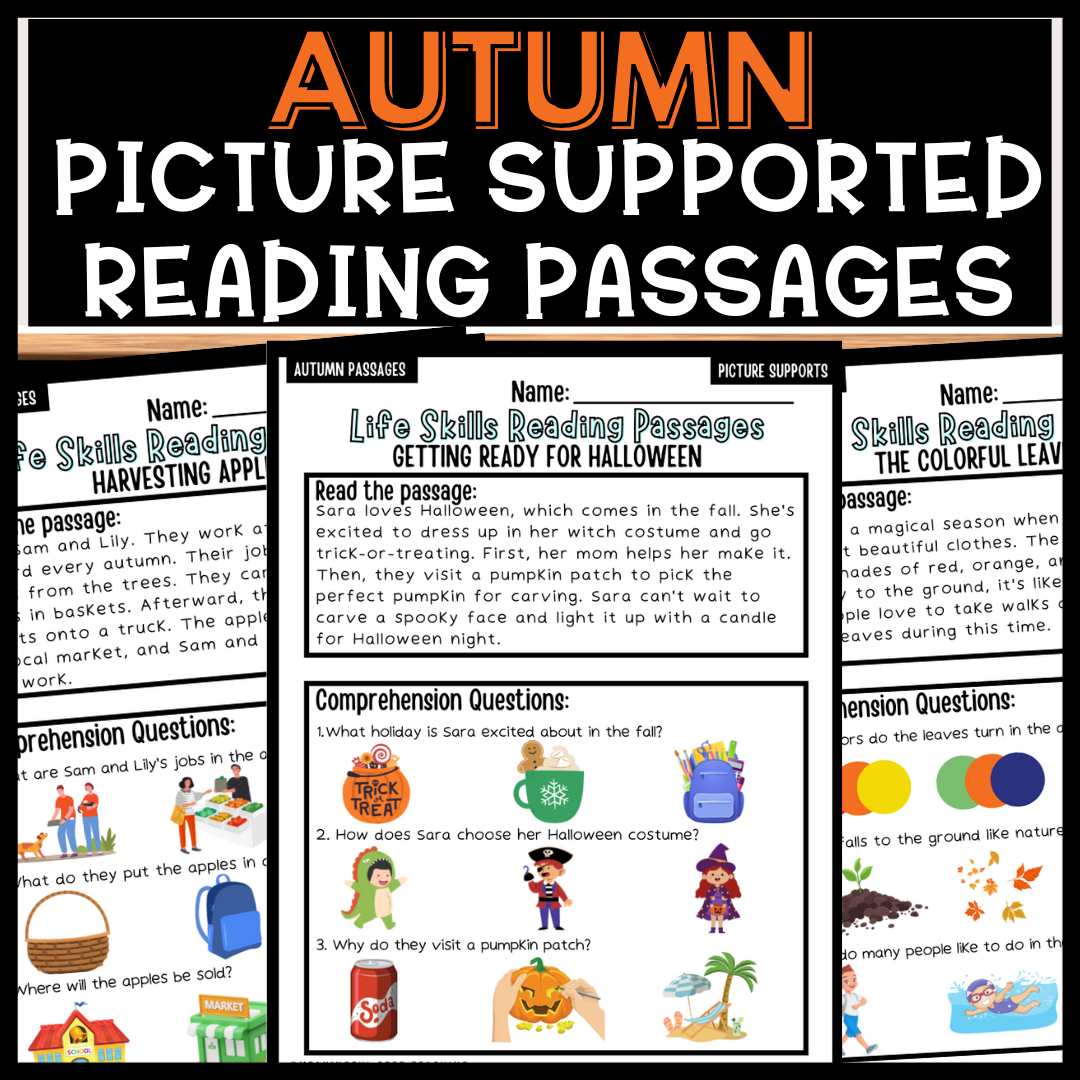 Autumn/Fall Life Skills Picture Supported Reading Comprehension Passages NO PREP