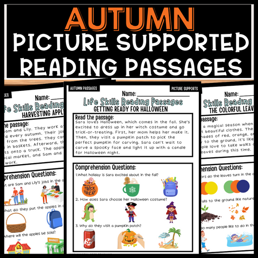 Autumn/Fall Life Skills Picture Supported Reading Comprehension Passages NO PREP