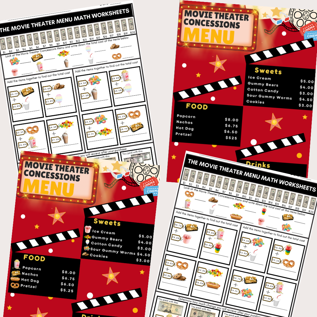 Money Addition Movie Theater Menu Math Special Education Worksheets NO PREP