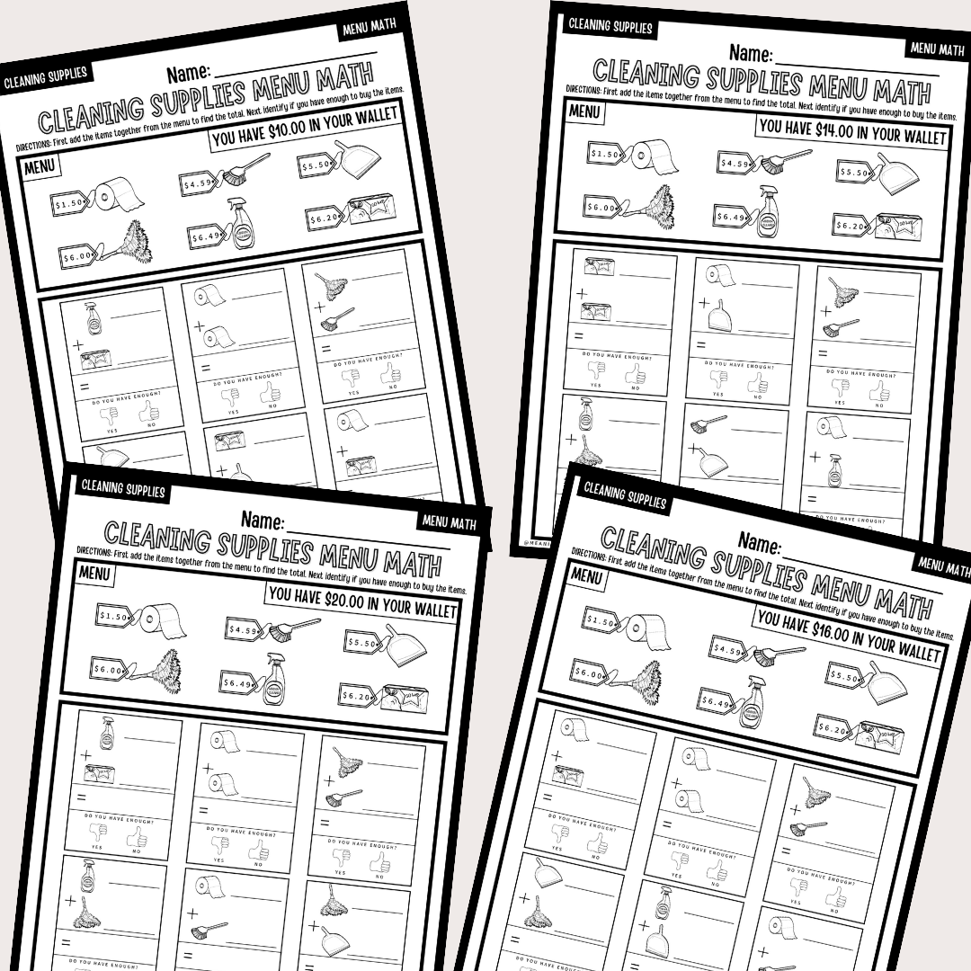 Interactive Cleaning Supplies Money Addition Worksheets - Hands-On Math Practice