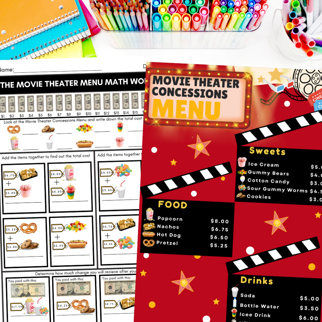 Money Addition Movie Theater Menu Math Special Education Worksheets NO PREP