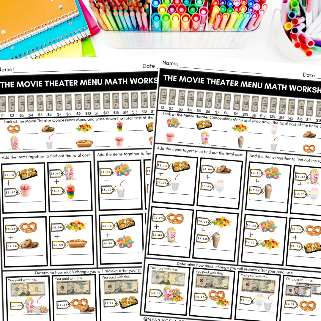 Money Addition Movie Theater Menu Math Special Education Worksheets NO PREP