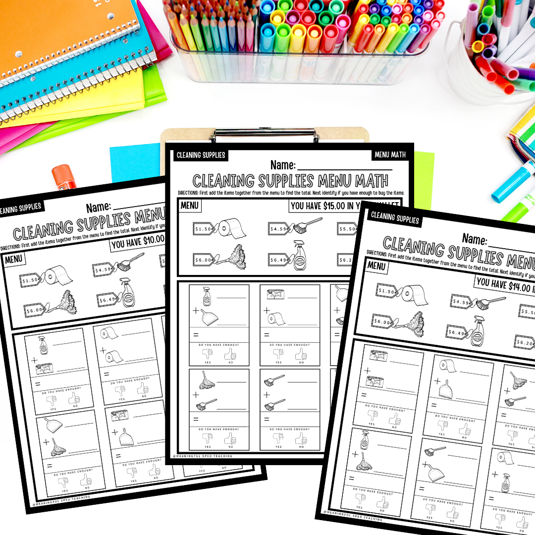 Interactive Cleaning Supplies Money Addition Worksheets - Hands-On Math Practice