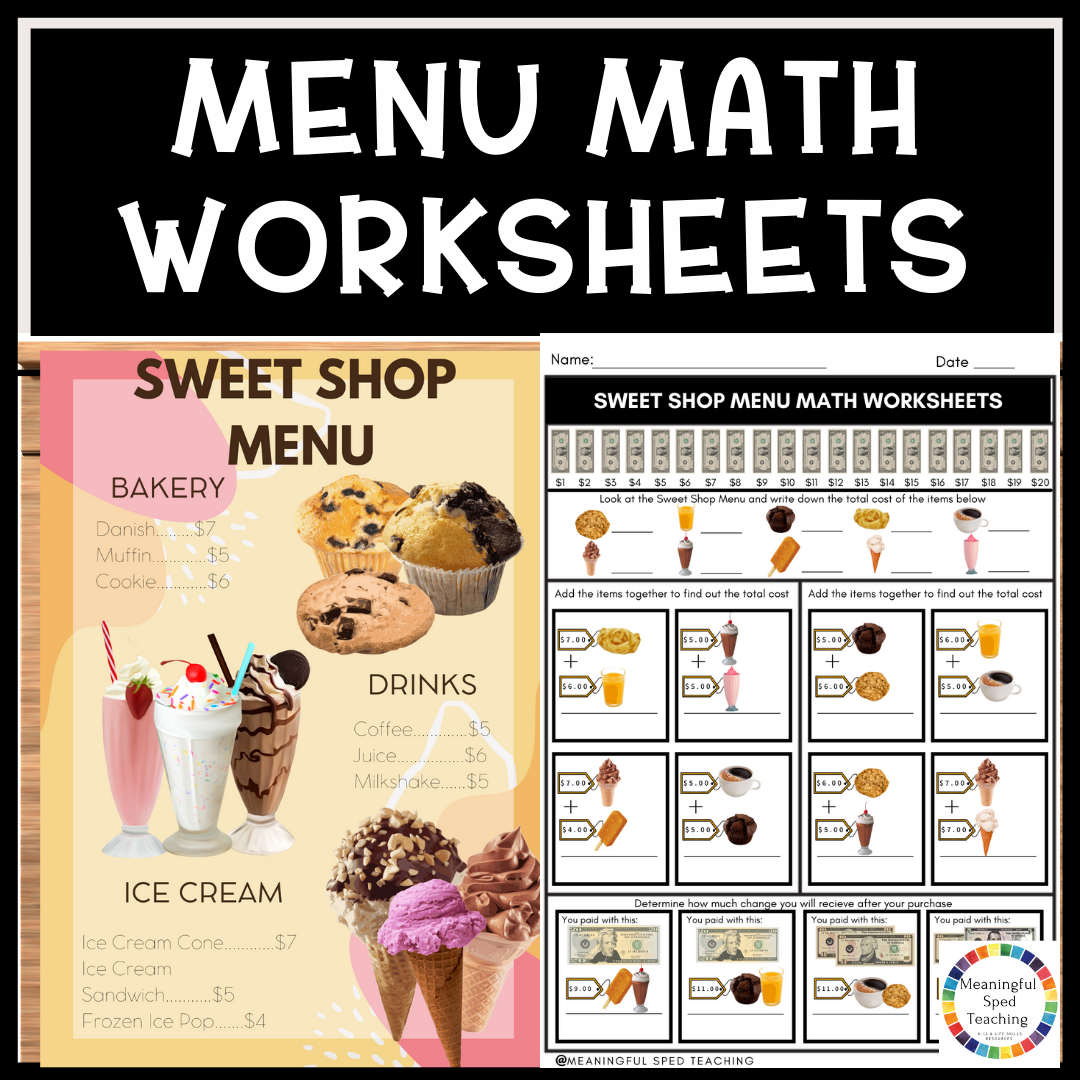 Food Menu Math Money Worksheets Life Skills Printable NO PREP