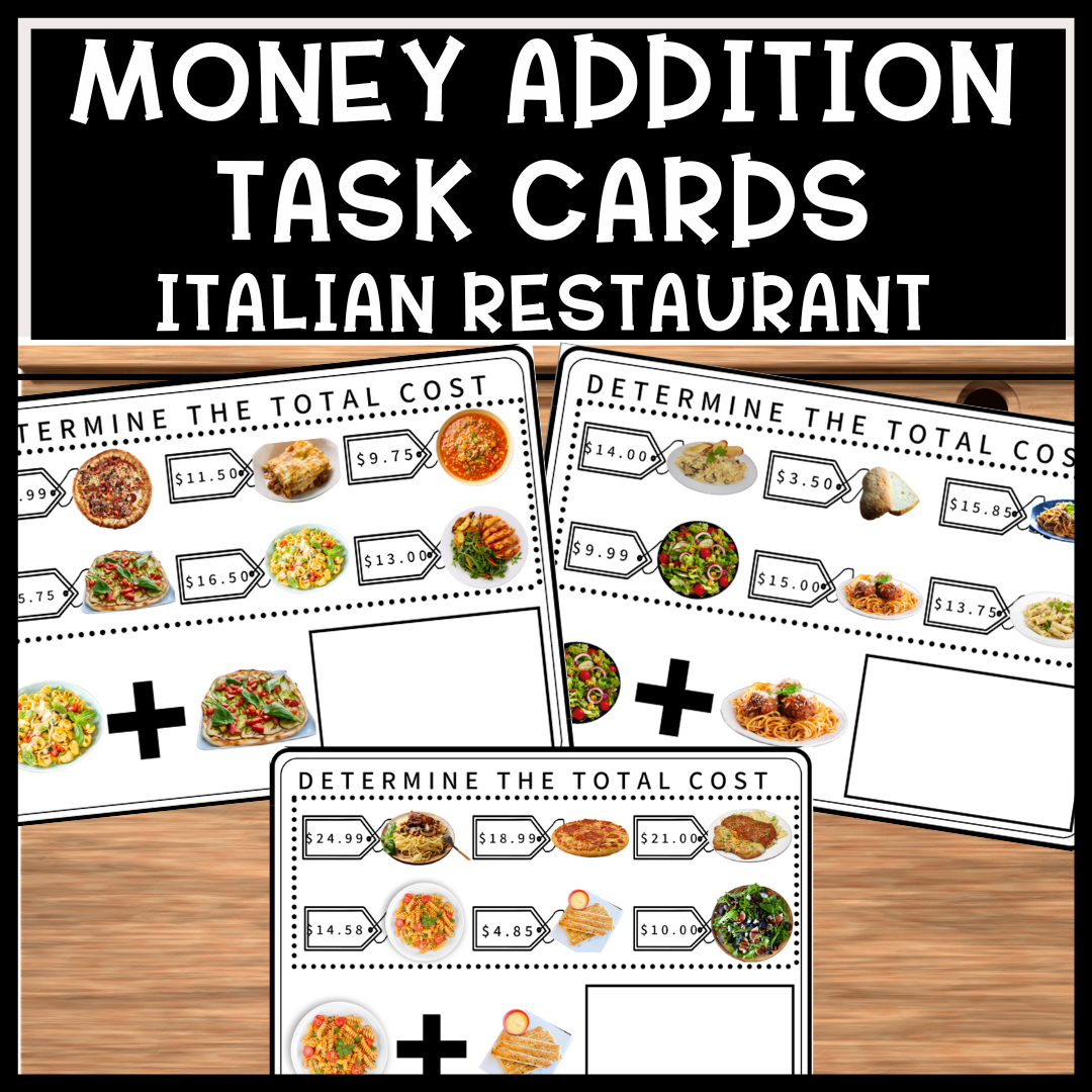 Special Education Life Skills Money Addition Task Cards Italian Food