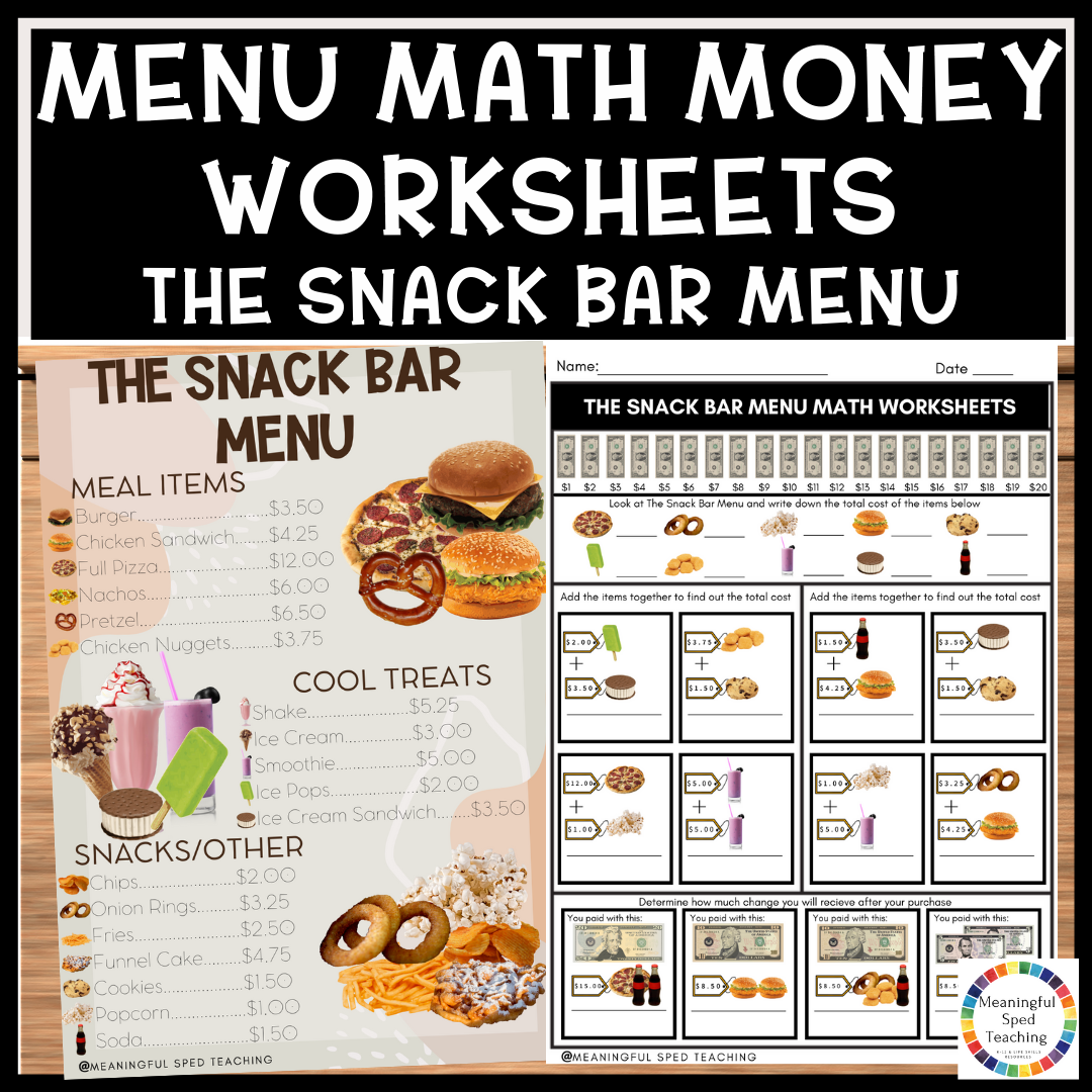 Menu Math Money Worksheets Life Skills Printable NO PREP Snack Bar FREEBIE