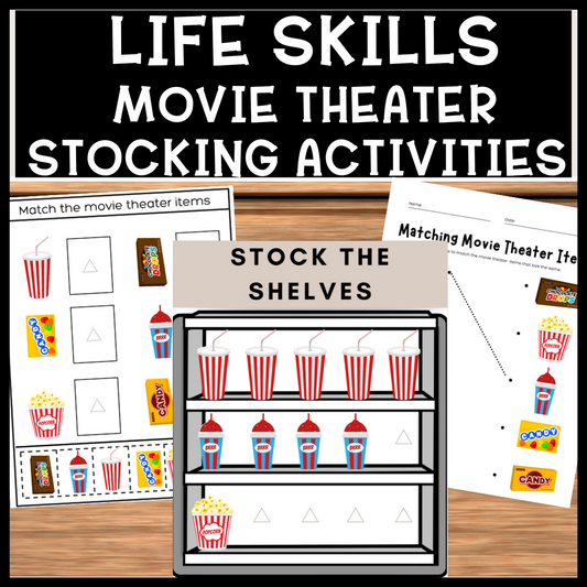 Life Skills Stock the Shelves Activities and Worksheets Movie Theater FREEBIE!