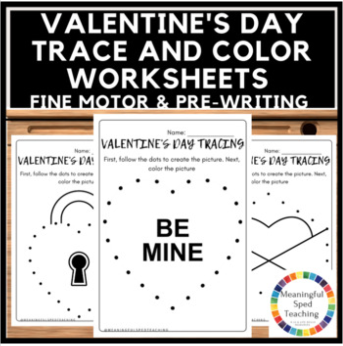 Valentine's Day Trace and Color: Fine Motor Printable Worksheets