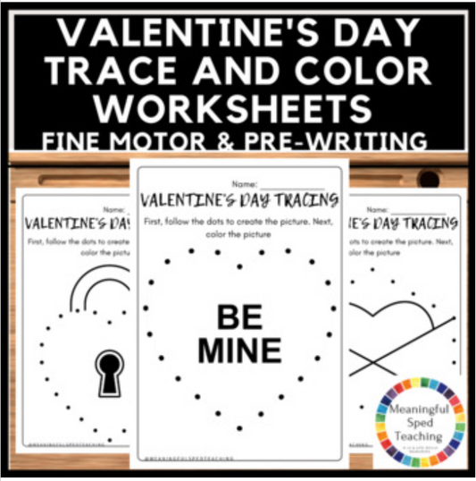 Valentine's Day Trace and Color: Fine Motor Printable Worksheets