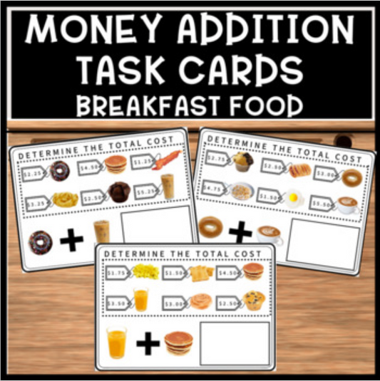 Special Education Life Skills Money Addition Task Cards Breakfast Food